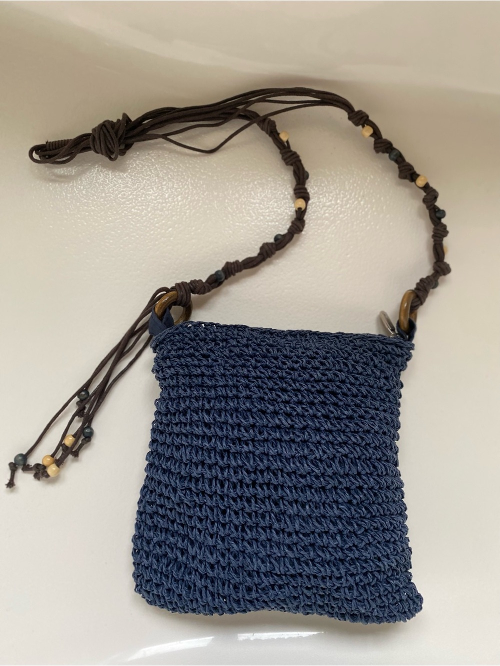 Navy Crochet Crossbody Bag with Beaded Strap